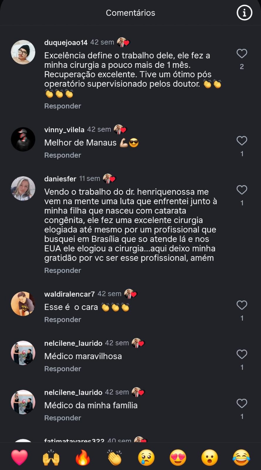 Comentário positivo de paciente no Instagram sobre cirurgia oftalmológica realizada pelo Dr. Henrique Nossa