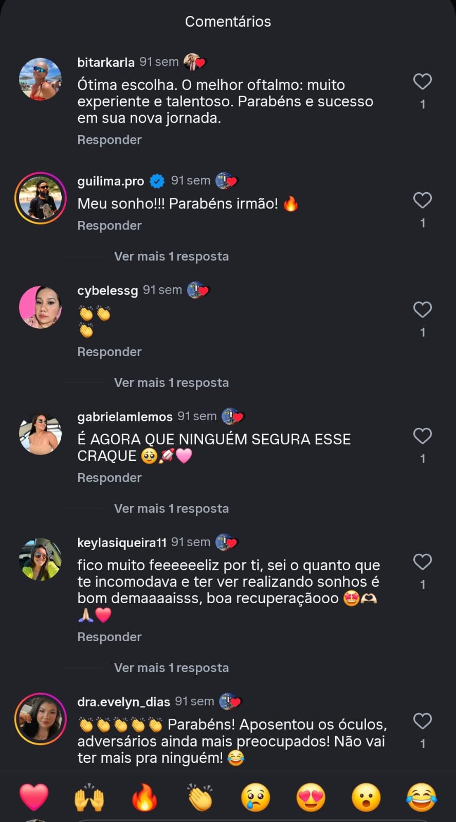 Feedback de paciente satisfeito no Instagram após procedimento oftalmológico com Dr. Henrique Nossa