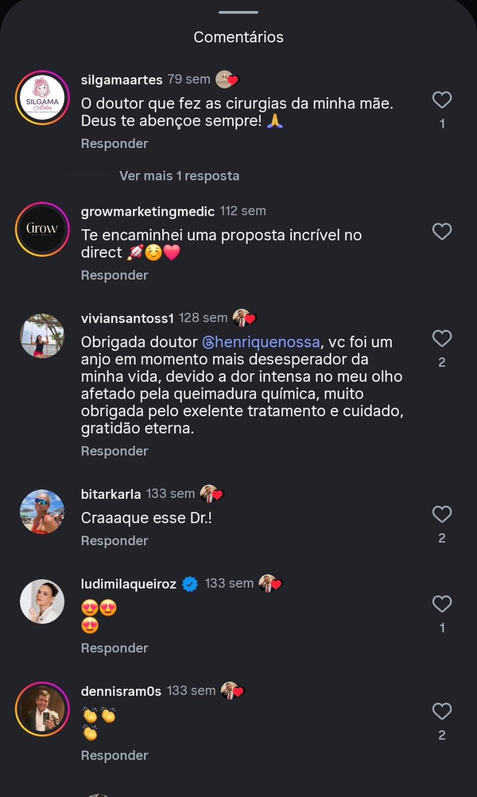 Agradecimento de paciente no Instagram pelos cuidados oftalmológicos do Dr. Henrique Nossa